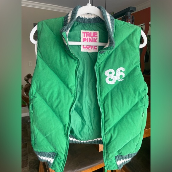 Victoria's Secret Pink "Love 86" Green Down Puffer Vest w Knit Detail - Size M/L - Picture 3 of 6